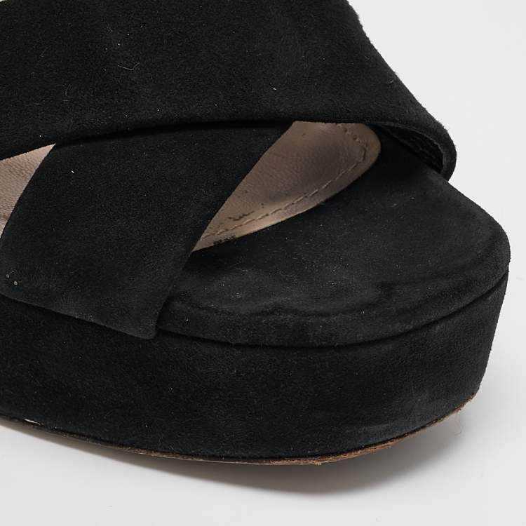 Pre Owned Miu Miu Black Suede Platform Block Heel Ankle Strap Sandals Size 40.5