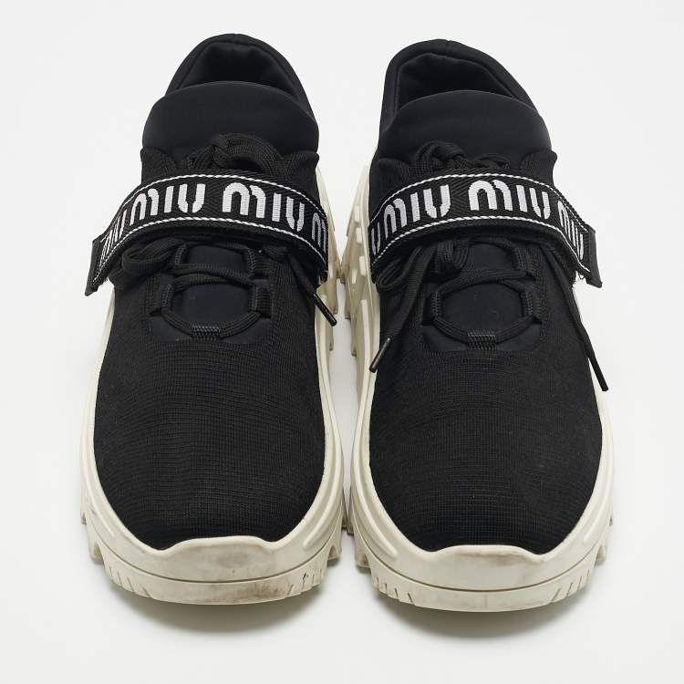 Pre Owned Miu Miu Black Fabric Graphic Trim Lace Up Sneakers Size 40