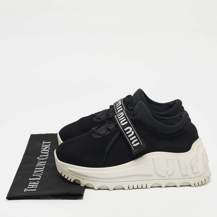 Pre Owned Miu Miu Black Fabric Graphic Trim Lace Up Sneakers Size 40