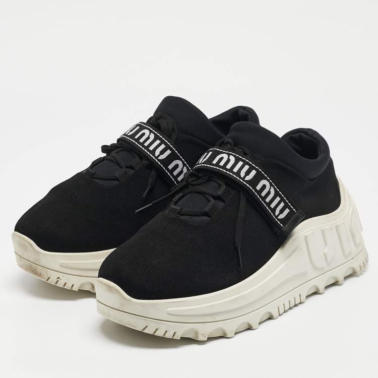 Pre Owned Miu Miu Black Fabric Graphic Trim Lace Up Sneakers Size 40