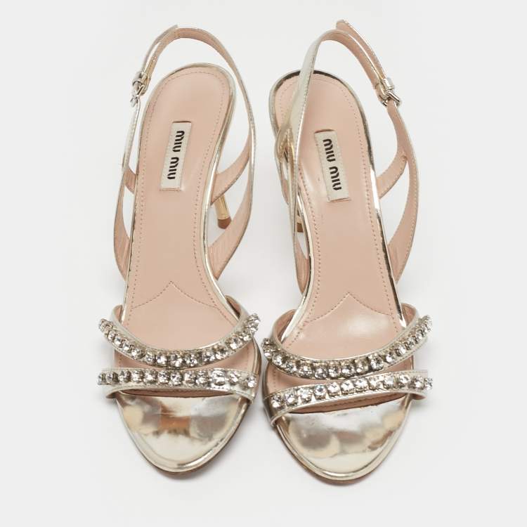 Pre Owned Miu Miu Gold Leather Crystal Embellished Slingback Sandals Size 39