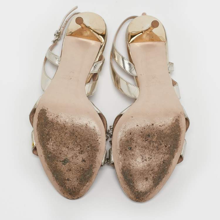 Pre Owned Miu Miu Gold Leather Crystal Embellished Slingback Sandals Size 39