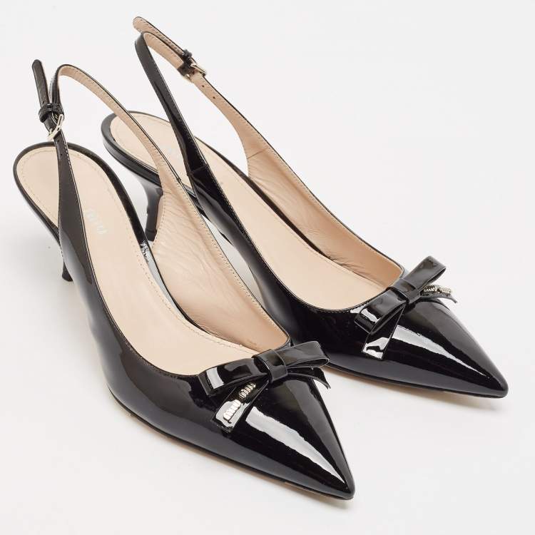 Pre Owned Miu Miu Black Patent Leather Pointed Toe Slingback Pumps Size 37.5