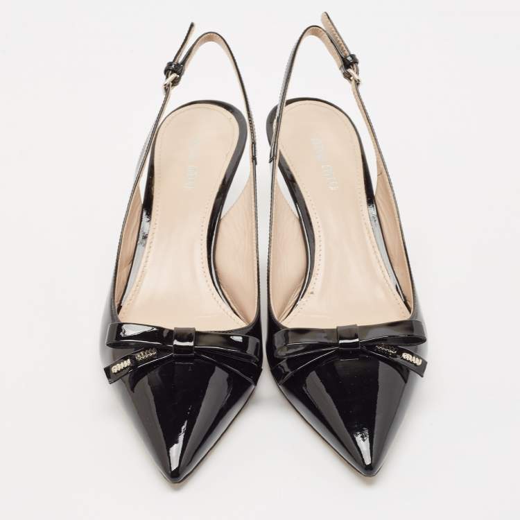 Pre Owned Miu Miu Black Patent Leather Pointed Toe Slingback Pumps Size 37.5
