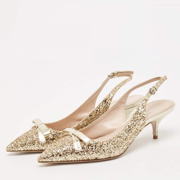 Pre Owned Miu Miu Gold Glitters and Leather Bow Slingback Pumps Size 37.5