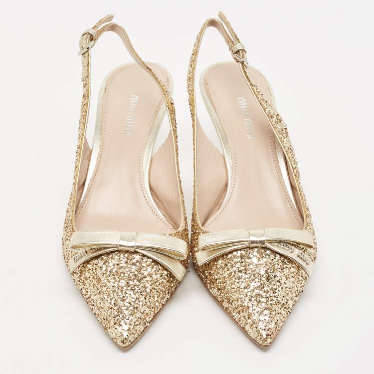 Pre Owned Miu Miu Gold Glitters and Leather Bow Slingback Pumps Size 37.5