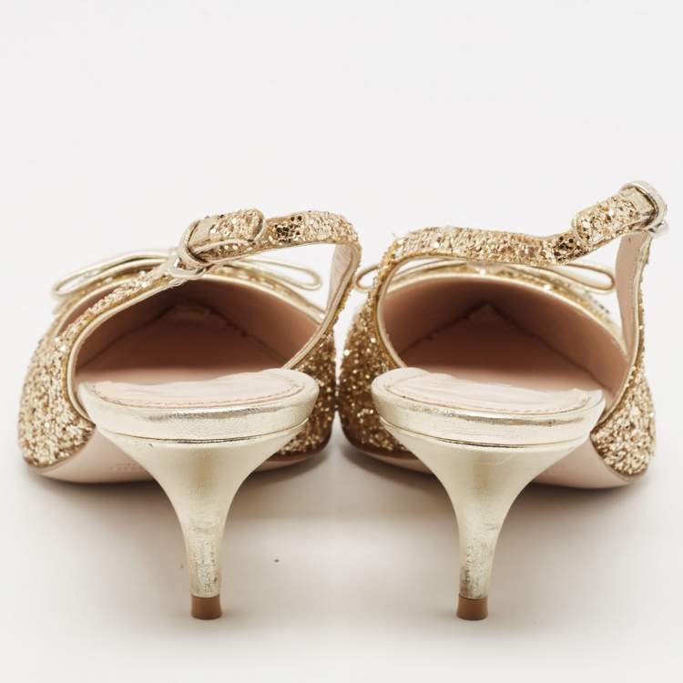 Pre Owned Miu Miu Gold Glitters and Leather Bow Slingback Pumps Size 37.5