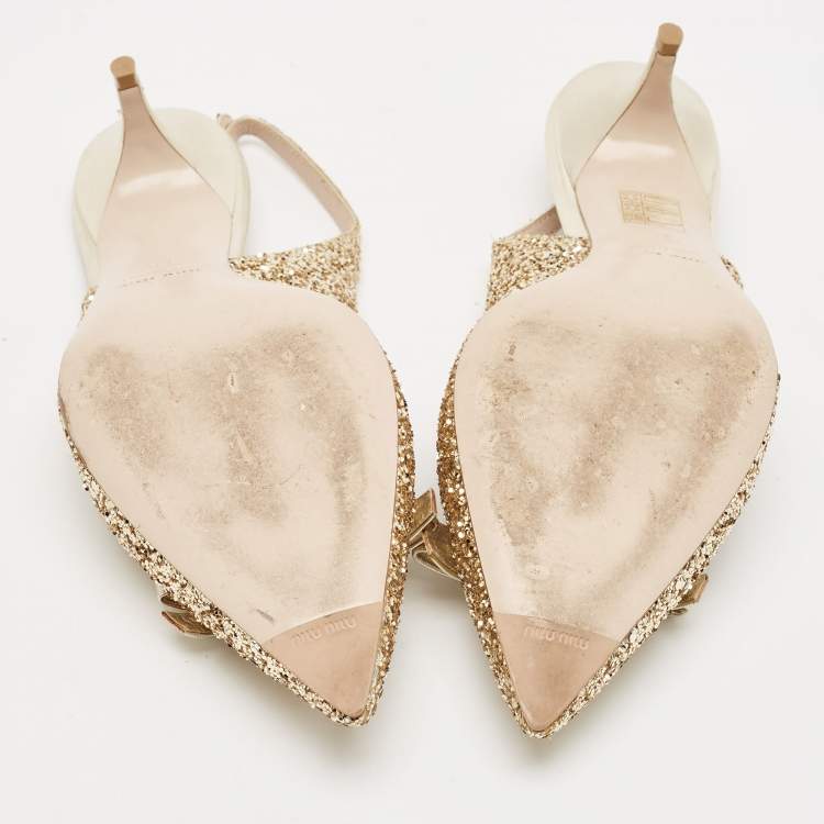 Pre Owned Miu Miu Gold Glitters and Leather Bow Slingback Pumps Size 37.5