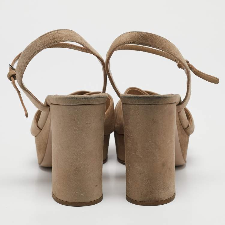 Pre Owned Miu Miu Beige Suede Platform Block Heel Ankle Strap Sandals Size 40