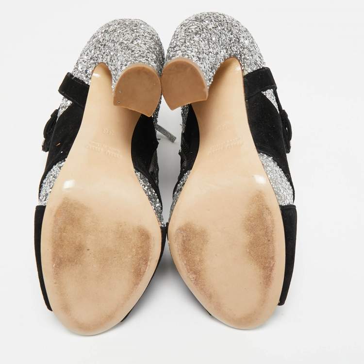Pre Owned Miu Miu Silver/Black Glitter and Suede Peep-Toe Ankle Boots Size 36