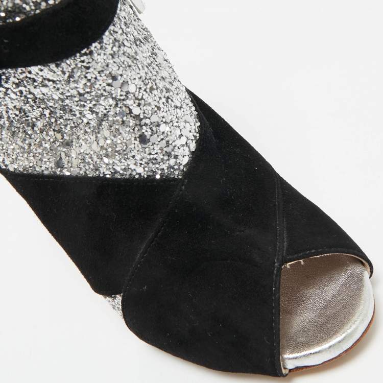 Pre Owned Miu Miu Silver/Black Glitter and Suede Peep-Toe Ankle Boots Size 36