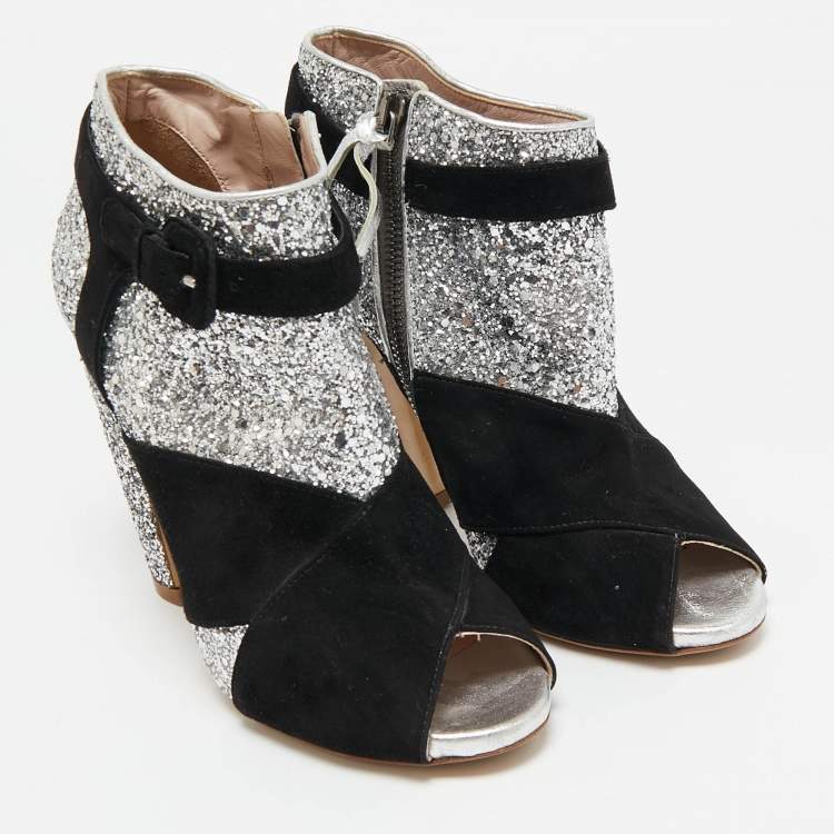 Pre Owned Miu Miu Silver/Black Glitter and Suede Peep-Toe Ankle Boots Size 36