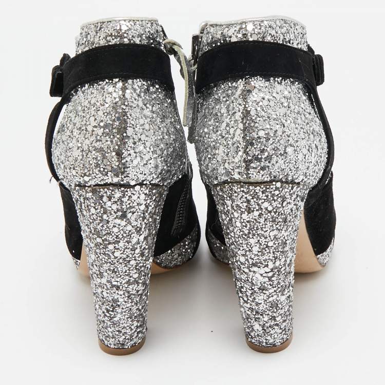 Pre Owned Miu Miu Silver/Black Glitter and Suede Peep-Toe Ankle Boots Size 36