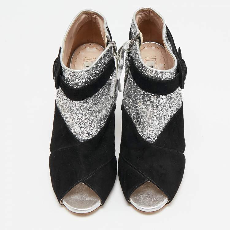 Pre Owned Miu Miu Silver/Black Glitter and Suede Peep-Toe Ankle Boots Size 36