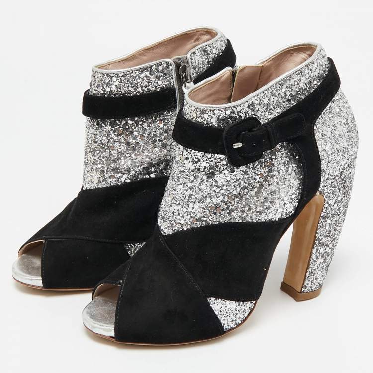 Pre Owned Miu Miu Silver/Black Glitter and Suede Peep-Toe Ankle Boots Size 36