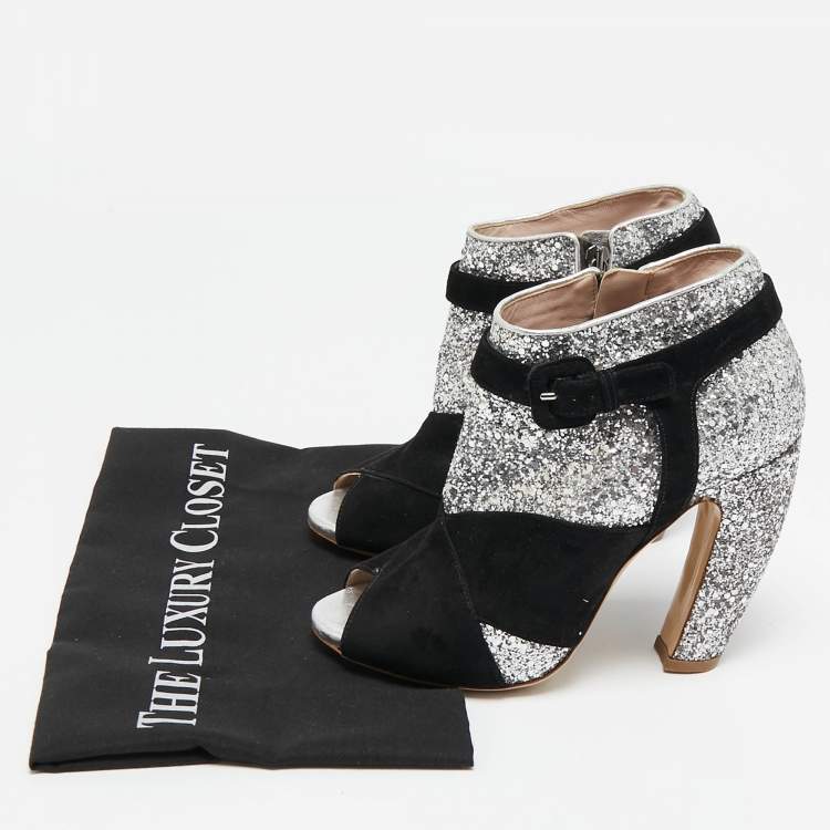 Pre Owned Miu Miu Silver/Black Glitter and Suede Peep-Toe Ankle Boots Size 36