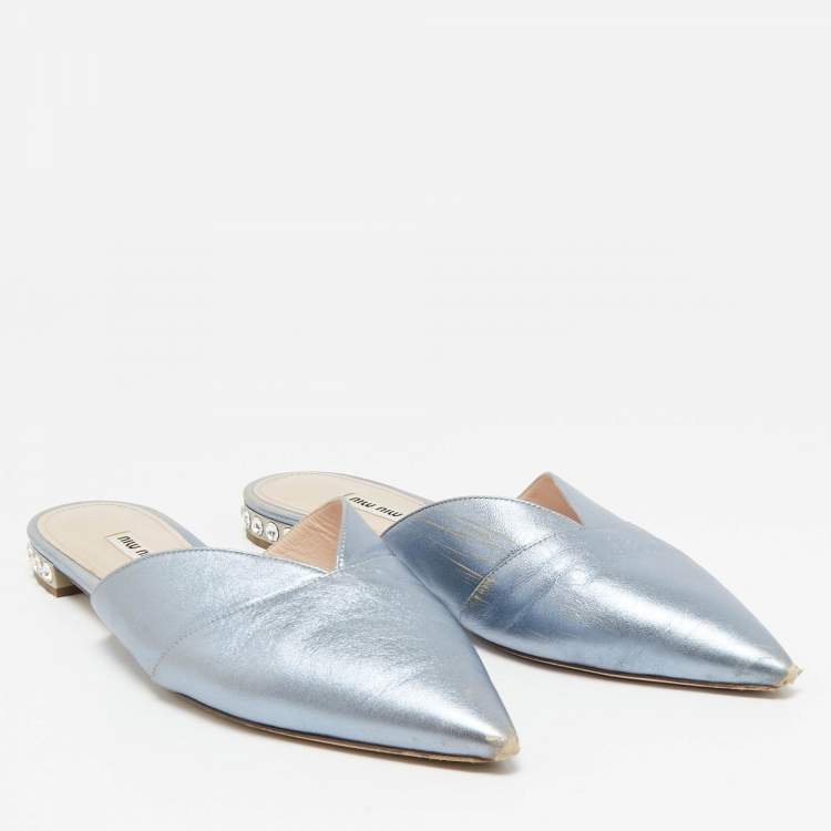 Pre Owned Miu Miu Metallic Blue Leather Crystal Embellished Mules Size 41