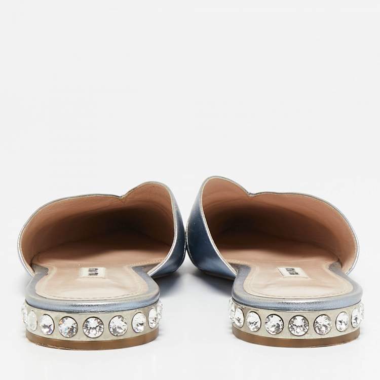 Pre Owned Miu Miu Metallic Blue Leather Crystal Embellished Mules Size 41