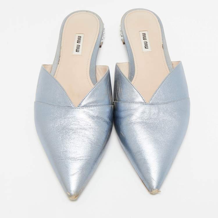 Pre Owned Miu Miu Metallic Blue Leather Crystal Embellished Mules Size 41