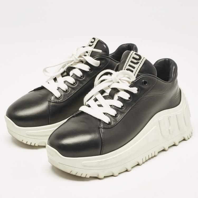 Pre Owned Miu Miu Black Leather Platform Sneakers Size 37