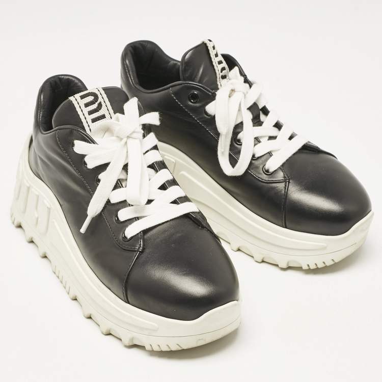 Pre Owned Miu Miu Black Leather Platform Sneakers Size 37