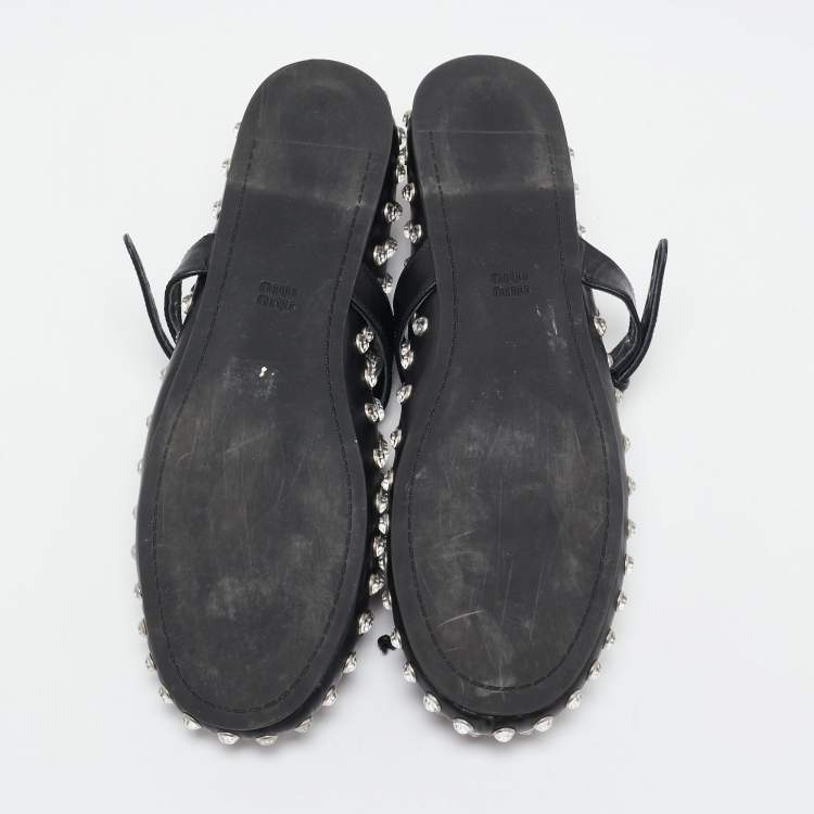 Pre Owned Miu Miu Black Studded Leather Crystal Embellished Peep Toe Ballet Flats Size 41