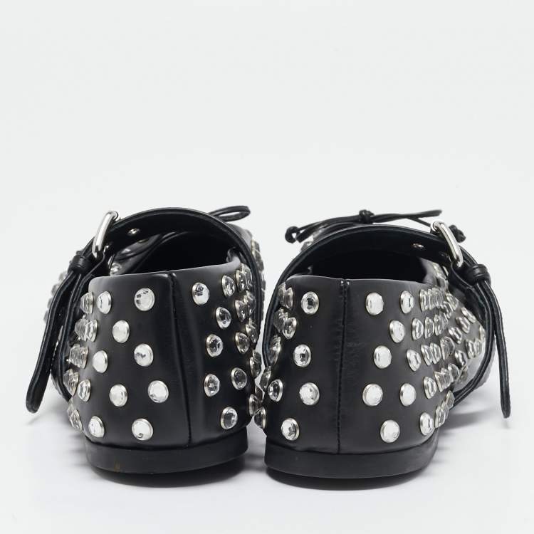 Pre Owned Miu Miu Black Studded Leather Crystal Embellished Peep Toe Ballet Flats Size 41