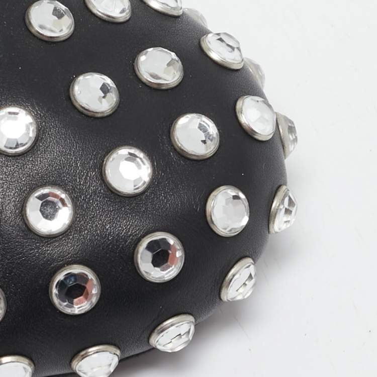 Pre Owned Miu Miu Black Studded Leather Crystal Embellished Peep Toe Ballet Flats Size 41