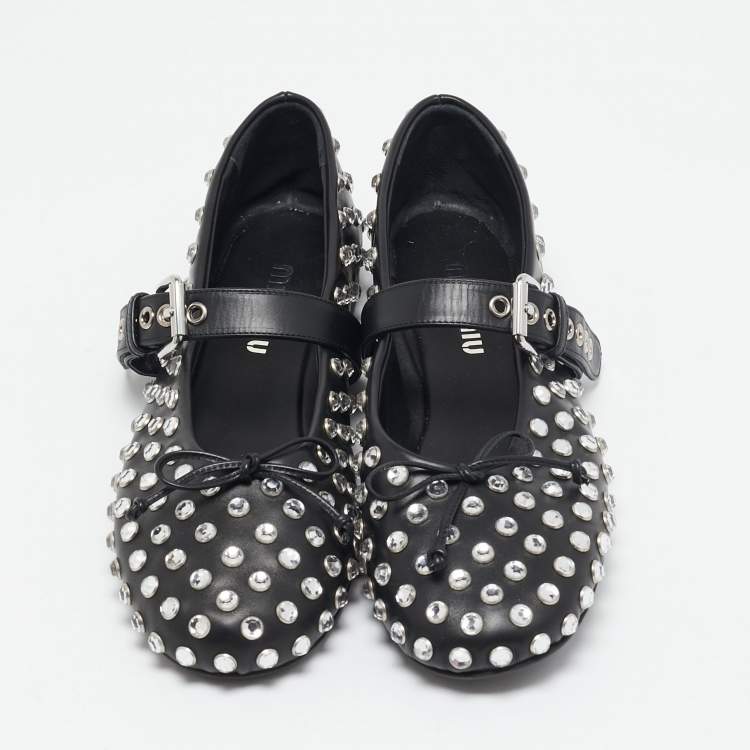 Pre Owned Miu Miu Black Studded Leather Crystal Embellished Peep Toe Ballet Flats Size 41