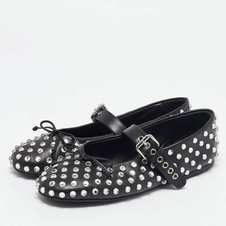 Pre Owned Miu Miu Black Studded Leather Crystal Embellished Peep Toe Ballet Flats Size 41