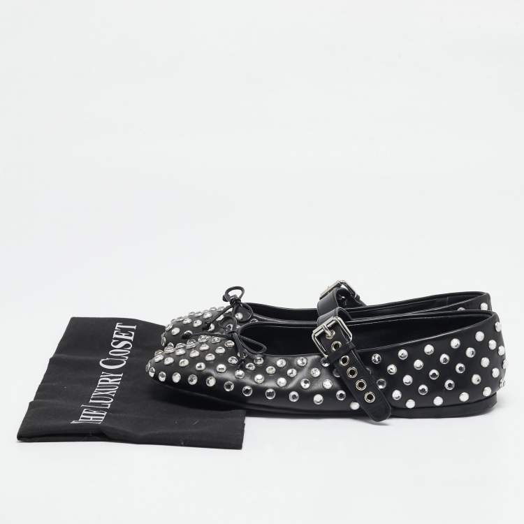 Pre Owned Miu Miu Black Studded Leather Crystal Embellished Peep Toe Ballet Flats Size 41