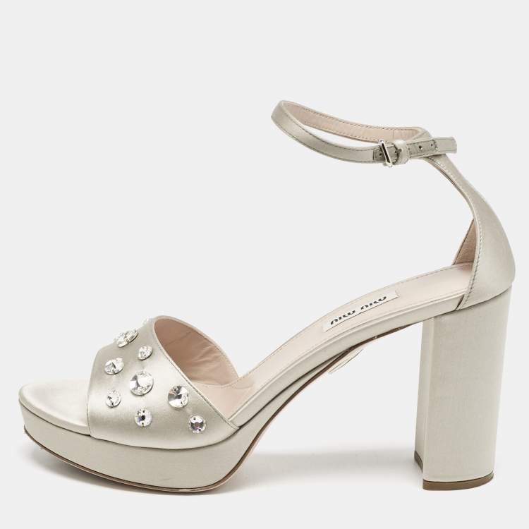 Pre Owned Miu Miu Grey Satin Crystal Embellished Platform Sandals Size 39.5