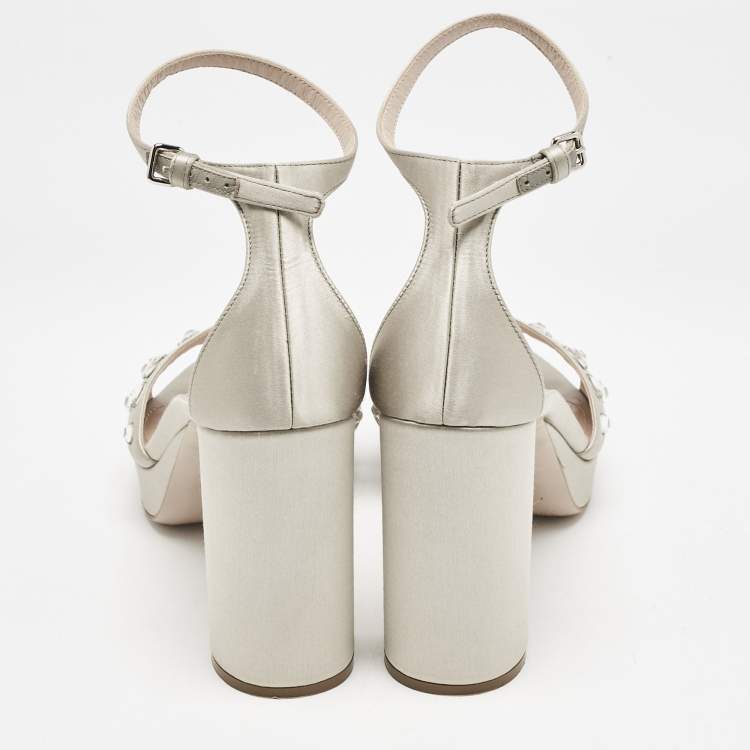 Pre Owned Miu Miu Grey Satin Crystal Embellished Platform Sandals Size 39.5