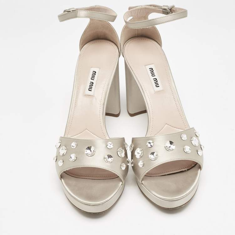 Pre Owned Miu Miu Grey Satin Crystal Embellished Platform Sandals Size 39.5