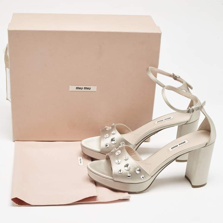 Pre Owned Miu Miu Grey Satin Crystal Embellished Platform Sandals Size 39.5