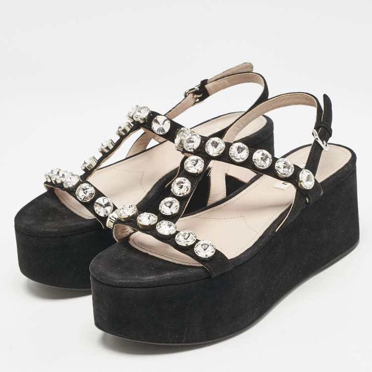 Pre Owned Miu Miu Black Suede Crystal Embellished Platform Sandals Size 39