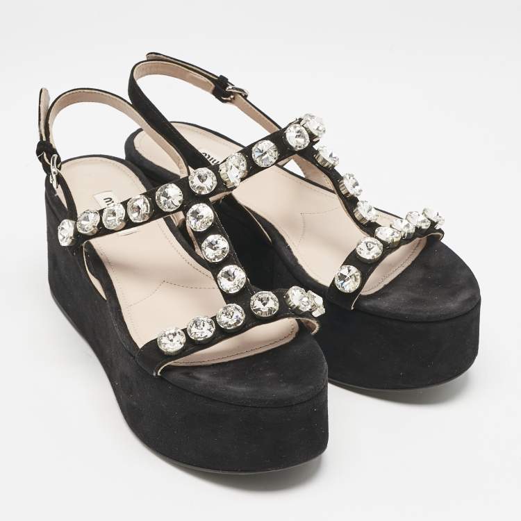 Pre Owned Miu Miu Black Suede Crystal Embellished Platform Sandals Size 39