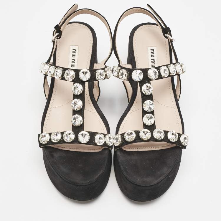 Pre Owned Miu Miu Black Suede Crystal Embellished Platform Sandals Size 39