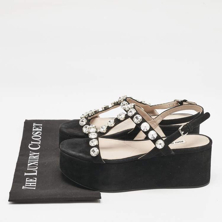 Pre Owned Miu Miu Black Suede Crystal Embellished Platform Sandals Size 39