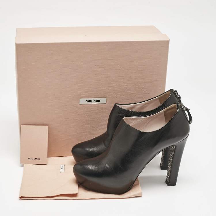 Pre Owned Miu Miu Black Leather Glitter Heel Booties Size 38.5