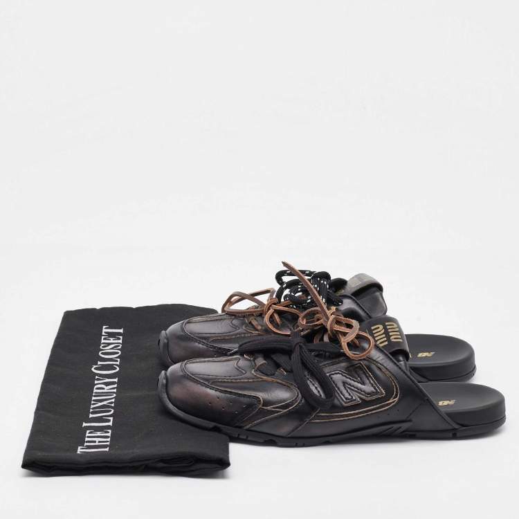 Pre Owned Miu Miu x New Balance Dark Brown Leather 530 SL Deco Flat Mules Size 37