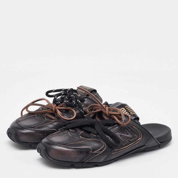 Pre Owned Miu Miu x New Balance Dark Brown Leather 530 SL Deco Flat Mules Size 37