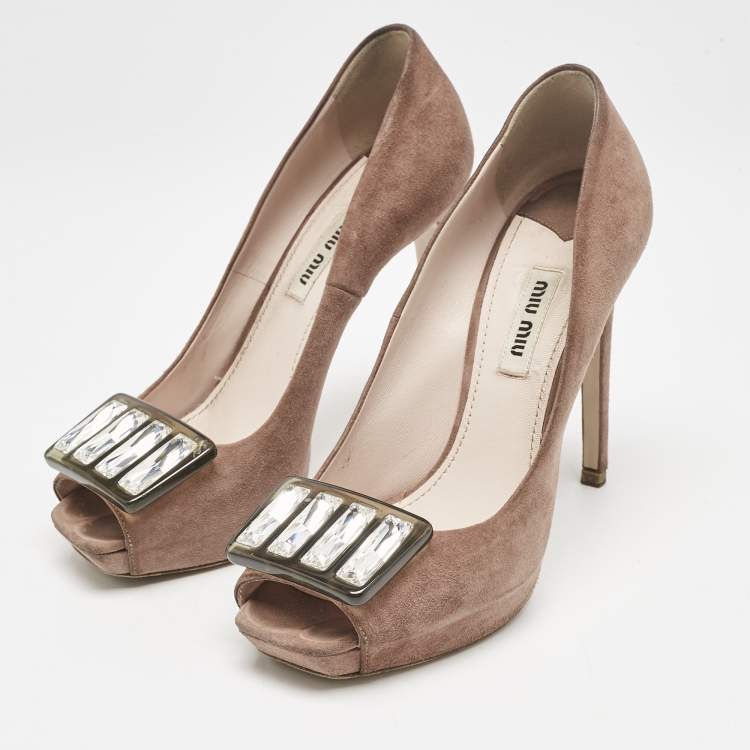 Pre Owned Miu Miu Beige Suede Crystal Embellished Peep Toe Platform Pumps Size 37