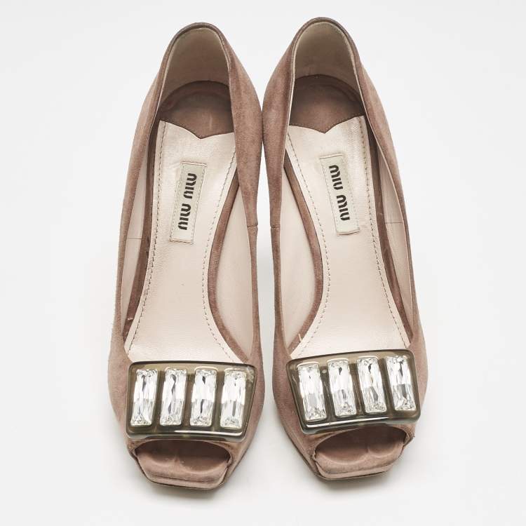Pre Owned Miu Miu Beige Suede Crystal Embellished Peep Toe Platform Pumps Size 37