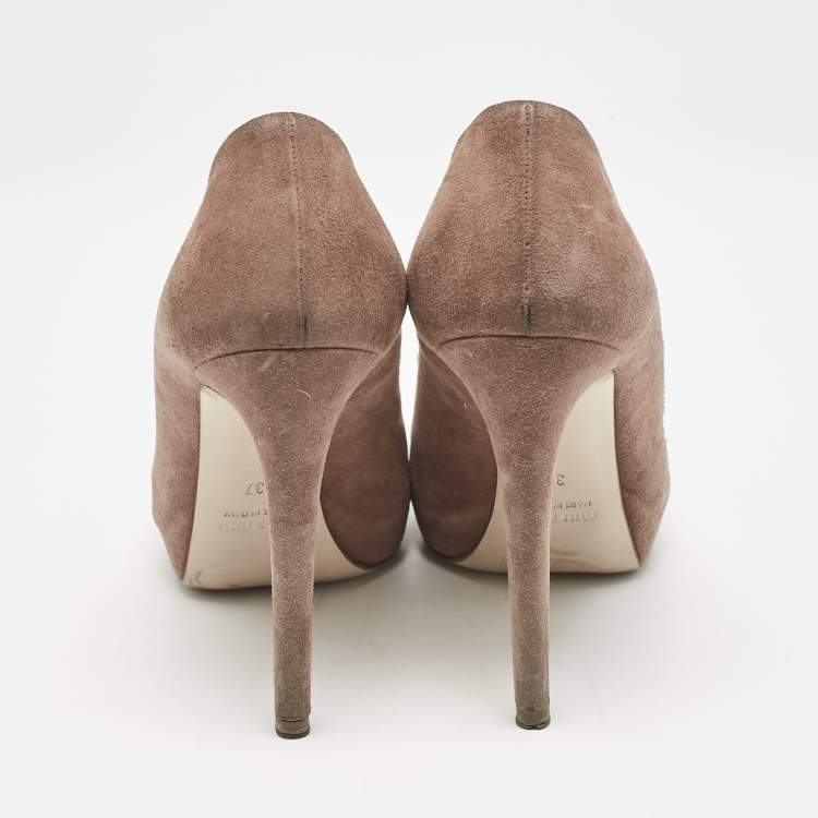 Pre Owned Miu Miu Beige Suede Crystal Embellished Peep Toe Platform Pumps Size 37