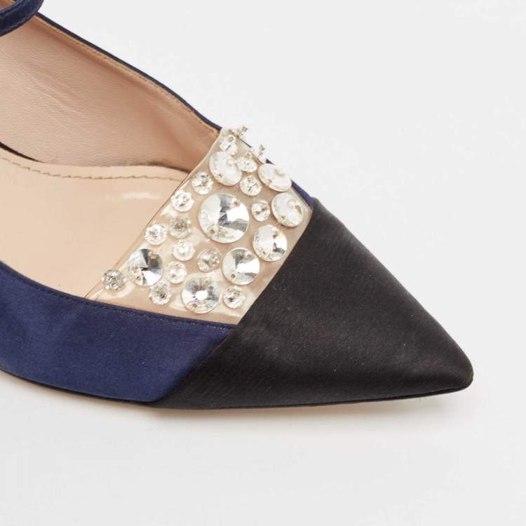 Pre Owned Miu Miu Black/Blue Satin Crystal Embellished Pointed Toe Pumps Size 39.5
