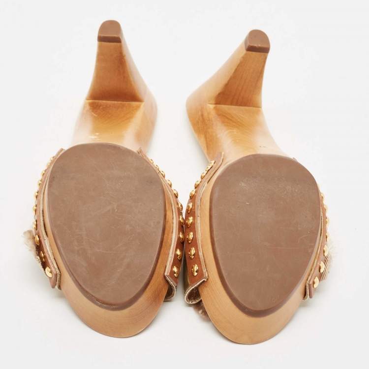 Pre Owned Miu Miu Gold Leather Crystal Embellished Clogs Size 37