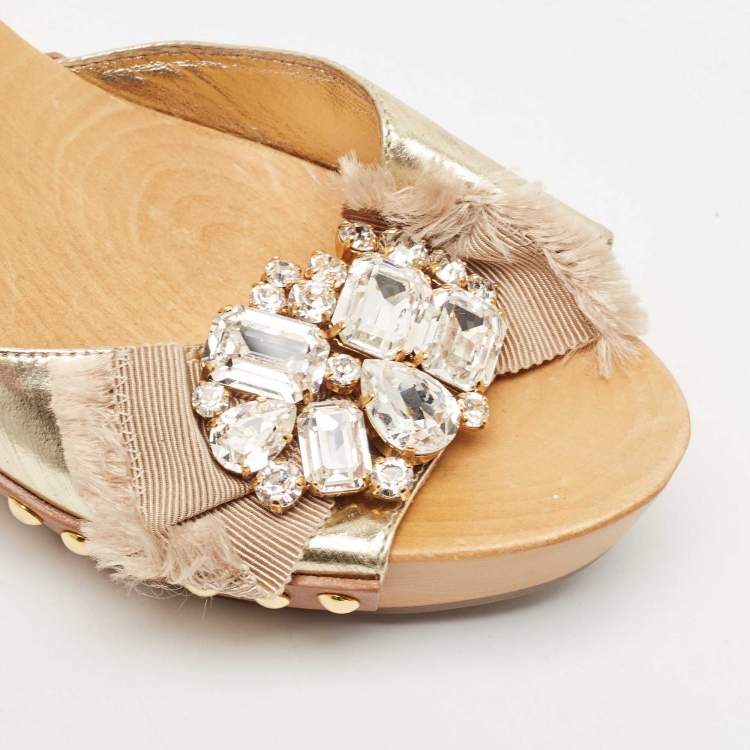 Pre Owned Miu Miu Gold Leather Crystal Embellished Clogs Size 37