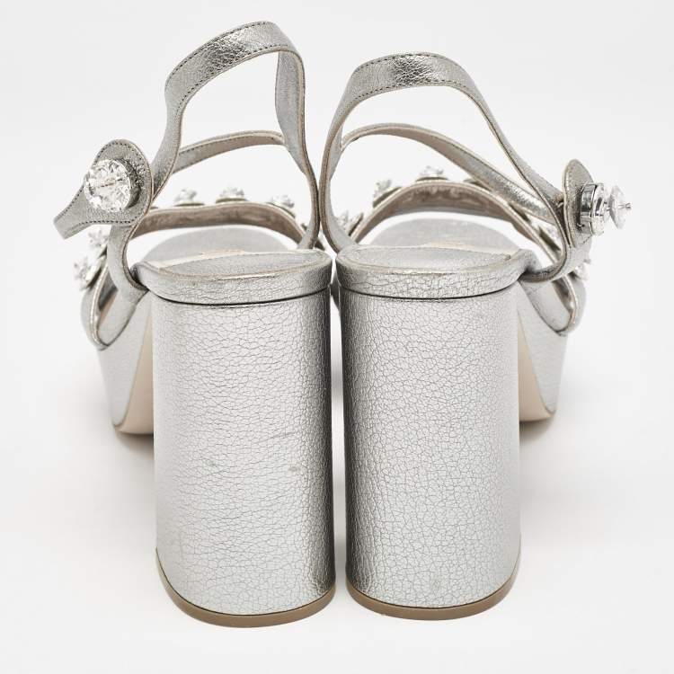 Pre Owned Miu Miu Silver Leather Crystals Embellished Platform Sandals Size 41