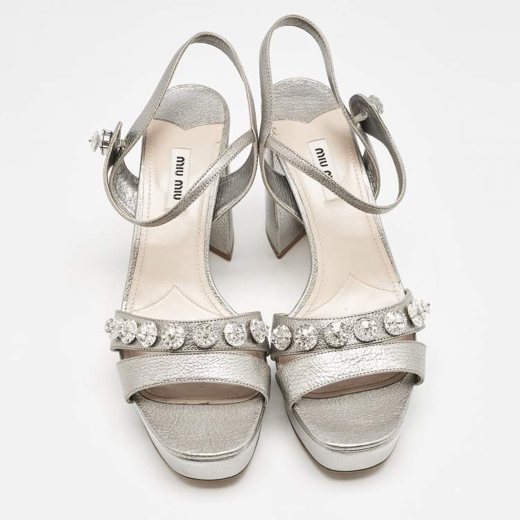 Pre Owned Miu Miu Silver Leather Crystals Embellished Platform Sandals Size 41